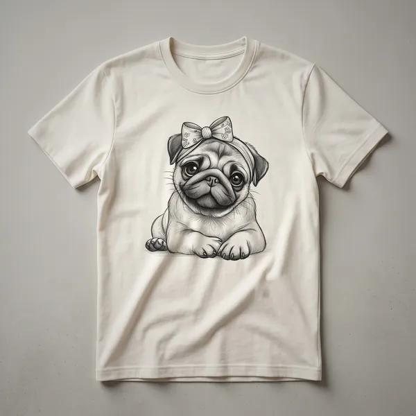 White graphic t-shirt featuring a cartoon pug peeking over the text 'Pug Mom' in a playful font.