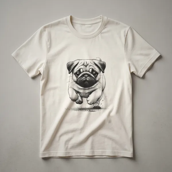 White graphic t-shirt featuring a distressed illustration of a pug dog running, with the text 'Pug Dog Running Design For Him And Her' visible.