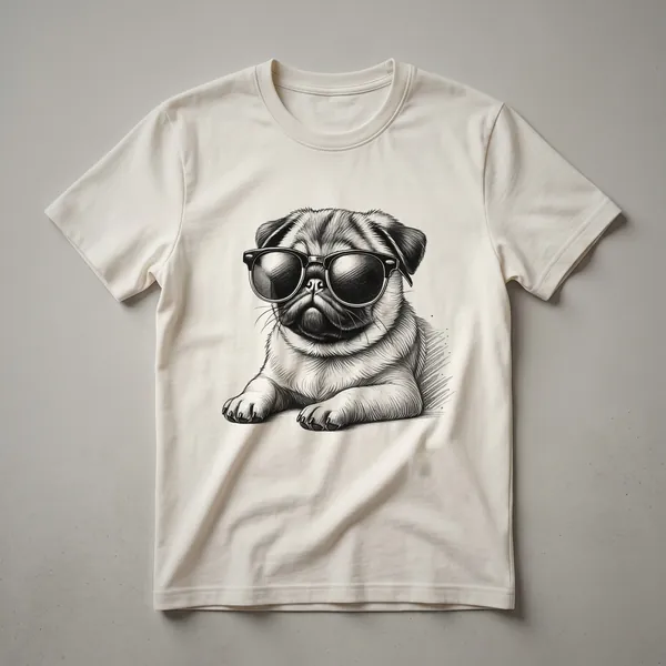 A white t-shirt featuring a graphic of a pug wearing black sunglasses, looking cool.