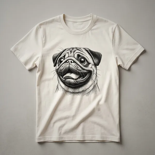 A black graphic t-shirt featuring a stylized pug face with colorful floral accents around it, designed for dog owners.