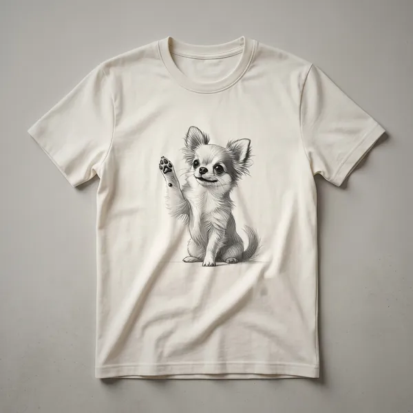 White t-shirt with a graphic of a Chihuahua dog raising its paw, surrounded by pink and green floral elements.