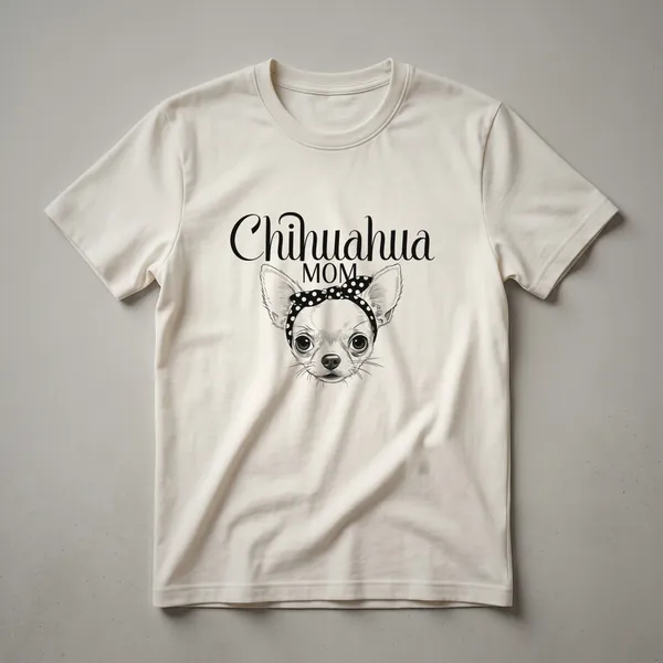 White t-shirt with a graphic design of a Chihuahua's head surrounded by colorful flowers, with the text 'Chihuahua Mom' incorporated.