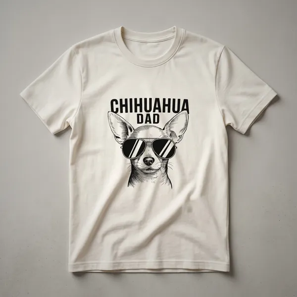 Black t-shirt with a graphic design of a Chihuahua's head surrounded by colorful flowers, with the text 'Chihuahua Dad' below.