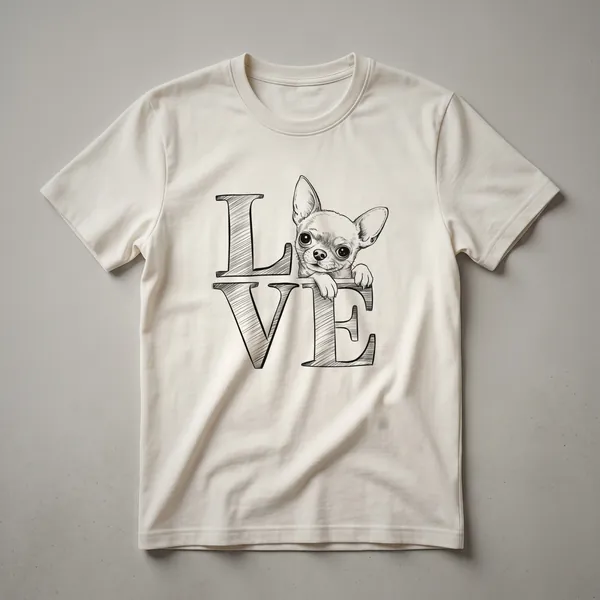 A white graphic t-shirt featuring a stylized Chihuahua head with floral elements in pink, purple, and green.