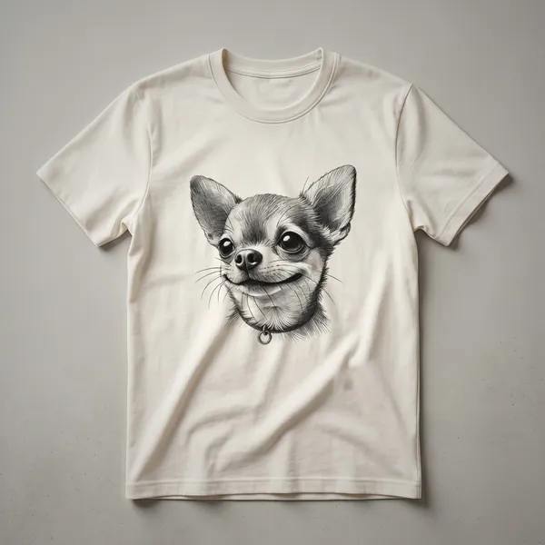 White t-shirt with a graphic of a Chihuahua's face adorned with colorful flowers.