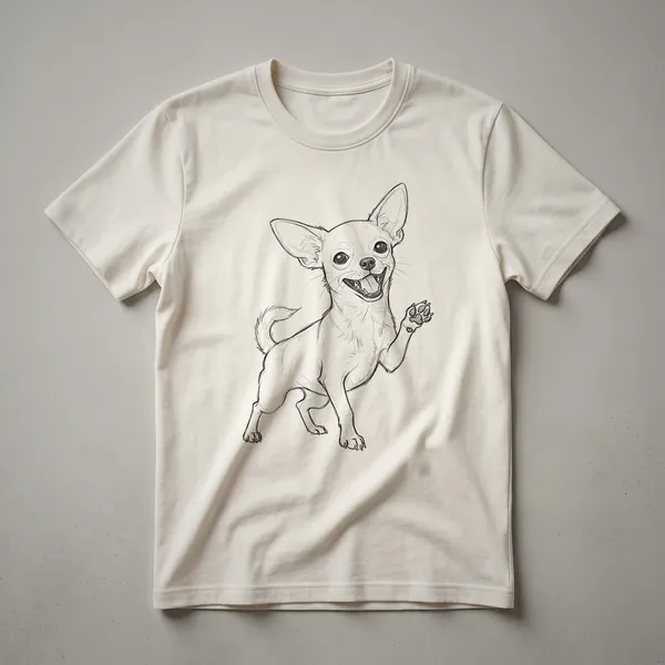 White graphic t-shirt featuring a cartoon Chihuahua wearing a colorful floral crown and a paw print design.