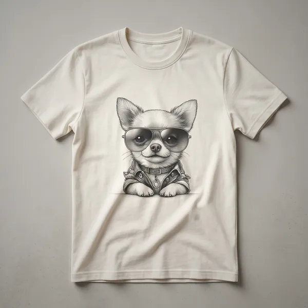 White graphic t-shirt featuring a Chihuahua wearing dark sunglasses with a subtle American flag pattern visible in the lenses, designed for dog dads.