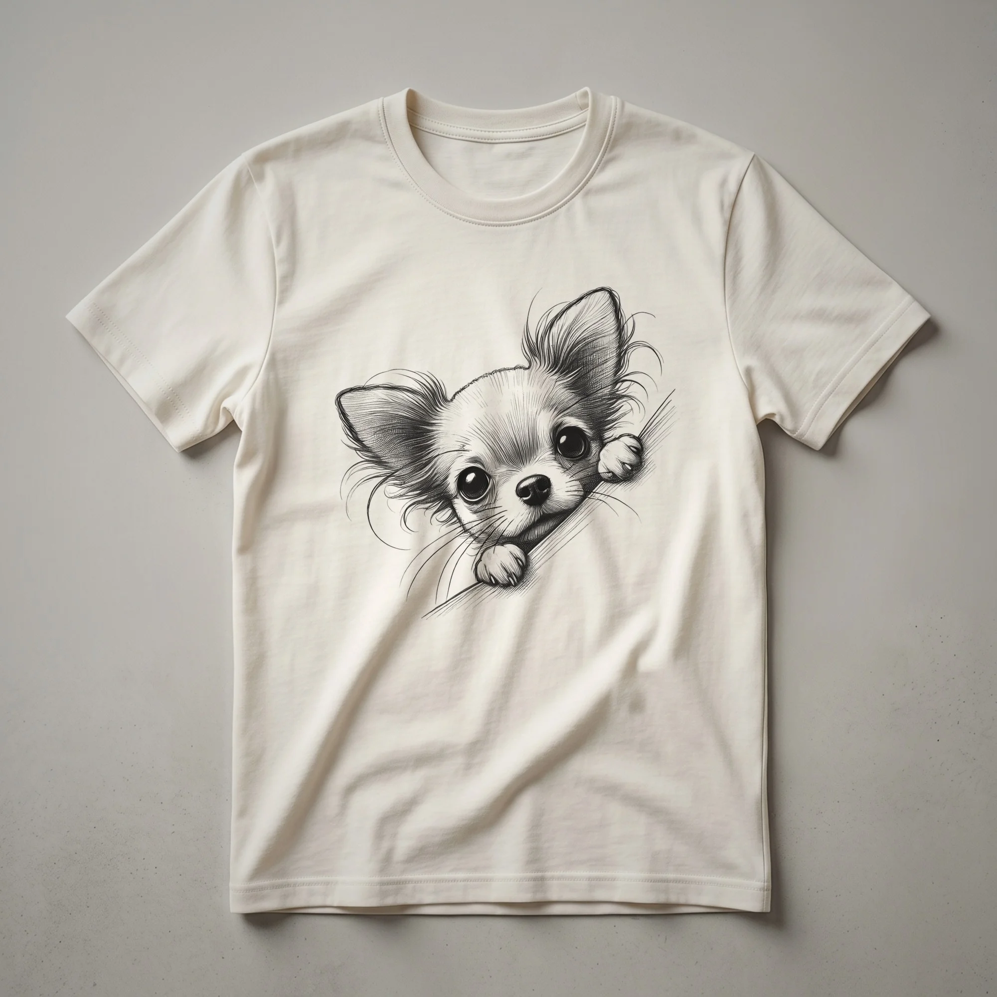 White t-shirt featuring a graphic of a cute Chihuahua puppy peeking from behind colorful floral elements, designed for dog owners.