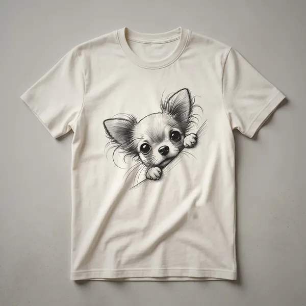White t-shirt featuring a graphic of a cute Chihuahua puppy peeking from behind colorful floral elements, designed for dog owners.