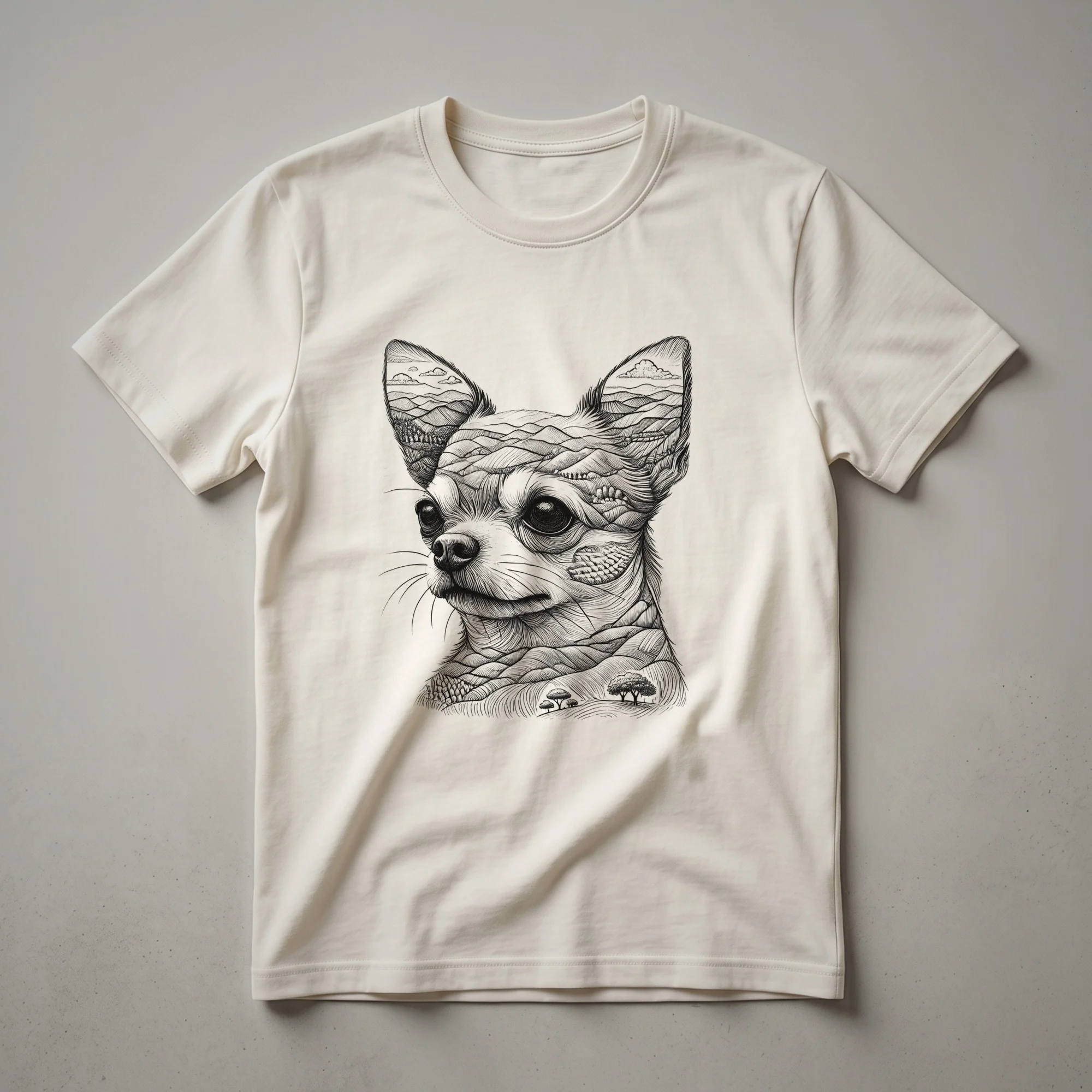 White graphic t-shirt featuring a watercolor-style illustration of a Chihuahua's head surrounded by colorful floral elements.