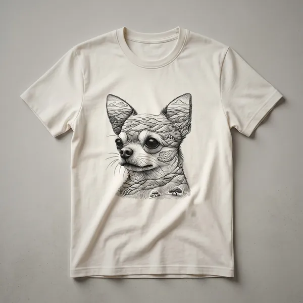 White graphic t-shirt featuring a watercolor-style illustration of a Chihuahua's head surrounded by colorful floral elements.