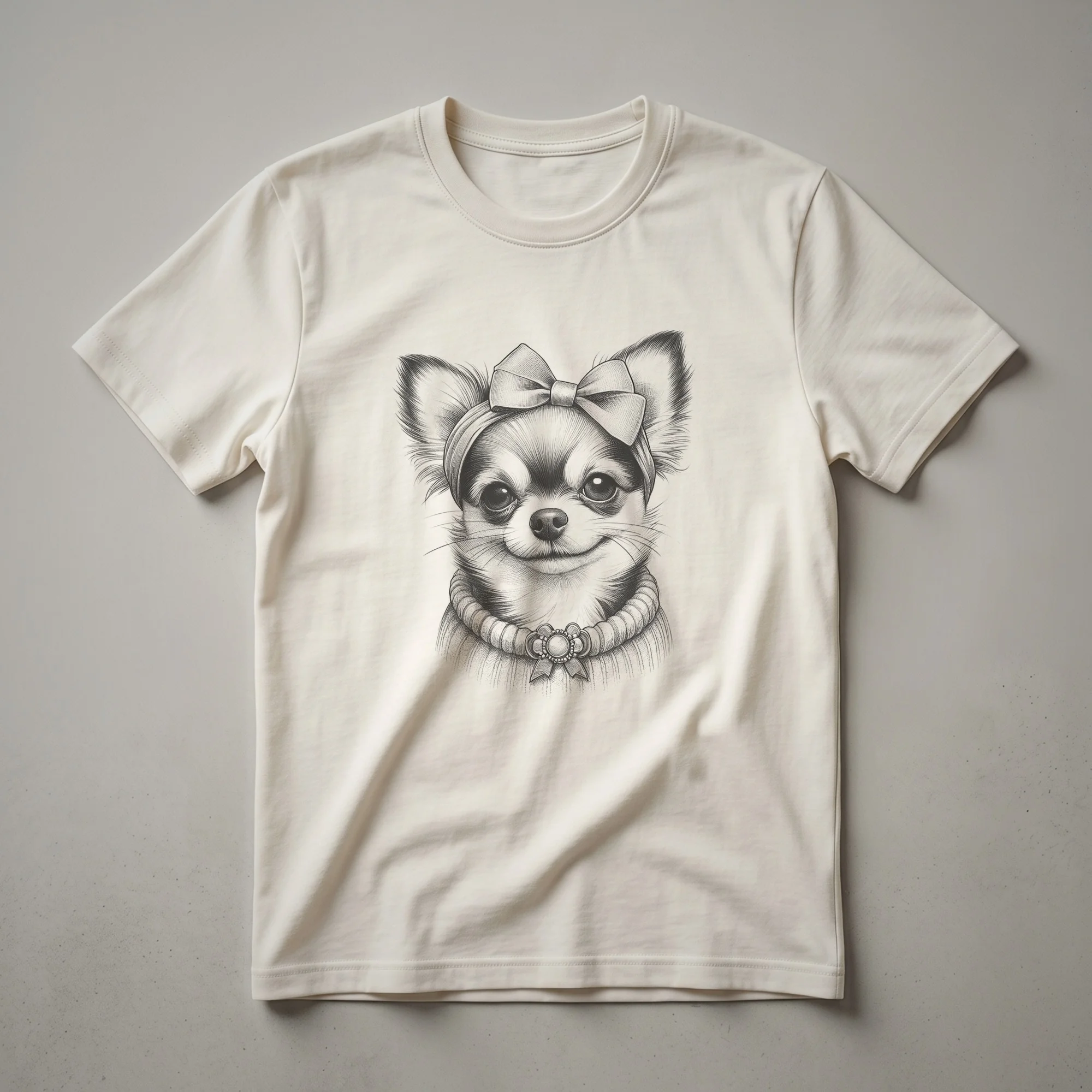 White graphic t-shirt featuring a stylized Chihuahua head surrounded by colorful floral elements, with the text 'Chihuahua Dog Mom' above.