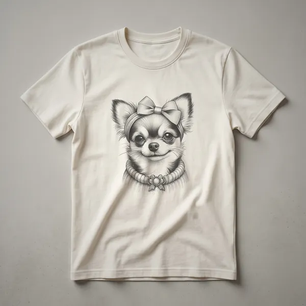 White graphic t-shirt featuring a stylized Chihuahua head surrounded by colorful floral elements, with the text 'Chihuahua Dog Mom' above.