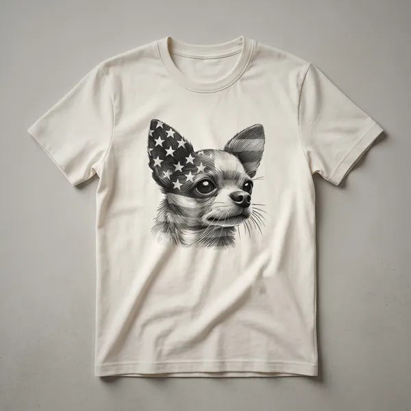 White t-shirt featuring a Chihuahua wearing sunglasses with a distressed American flag graphic in the background, designed for dog owners.