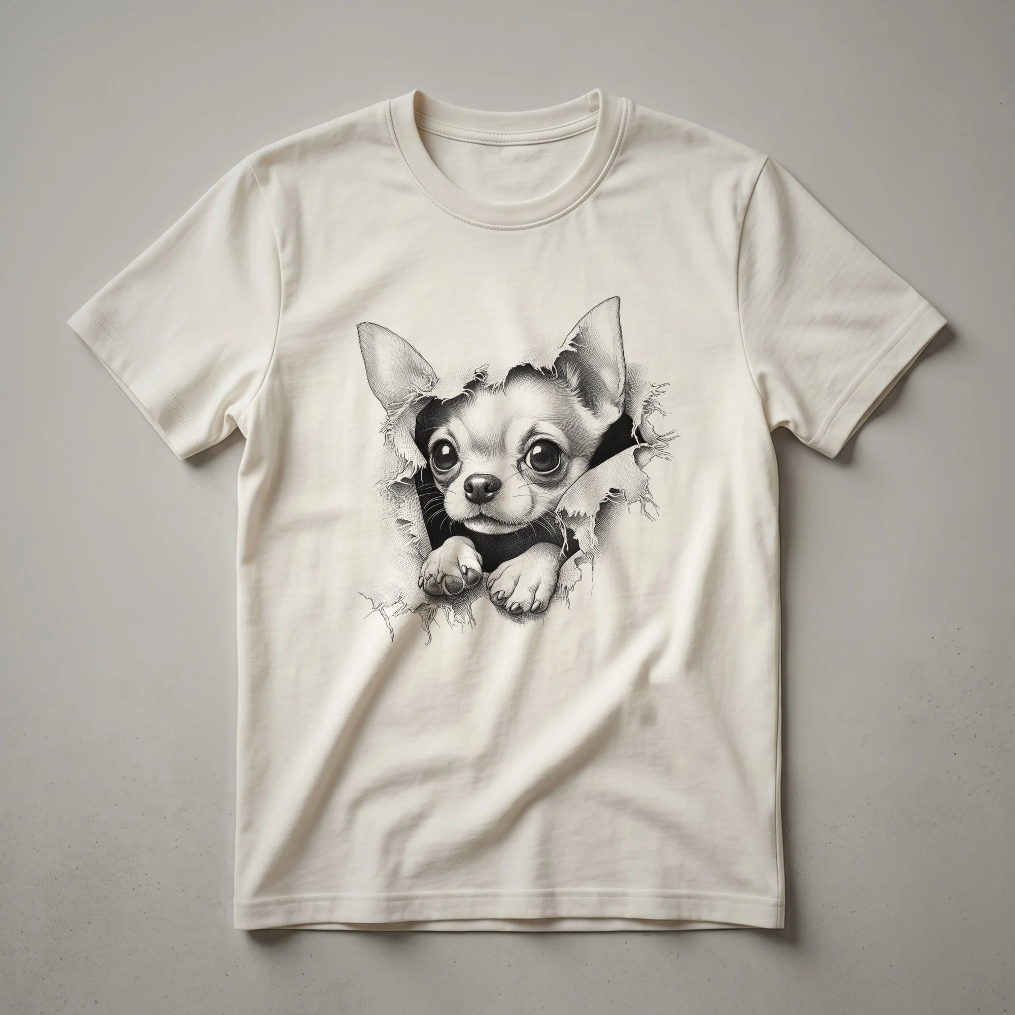 White t-shirt featuring a graphic of a Chihuahua's head peeking from behind a colorful floral arrangement.