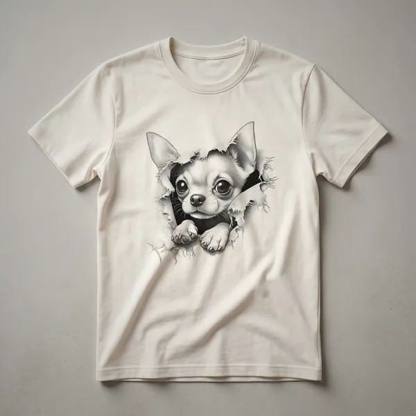White t-shirt featuring a graphic of a Chihuahua's head peeking from behind a colorful floral arrangement.