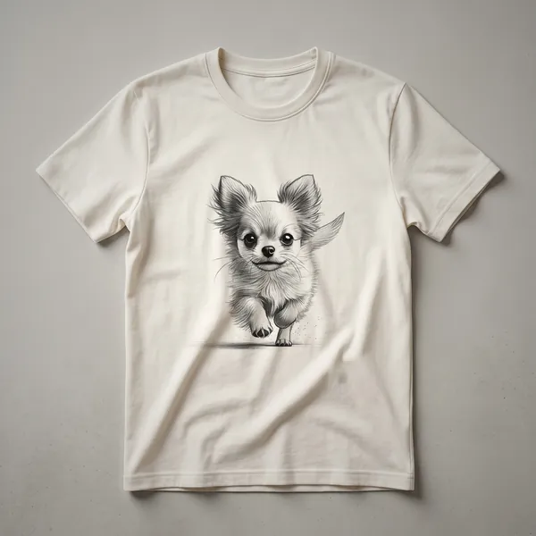 White graphic t-shirt featuring a distressed illustration of a Chihuahua running, designed for dog owners.