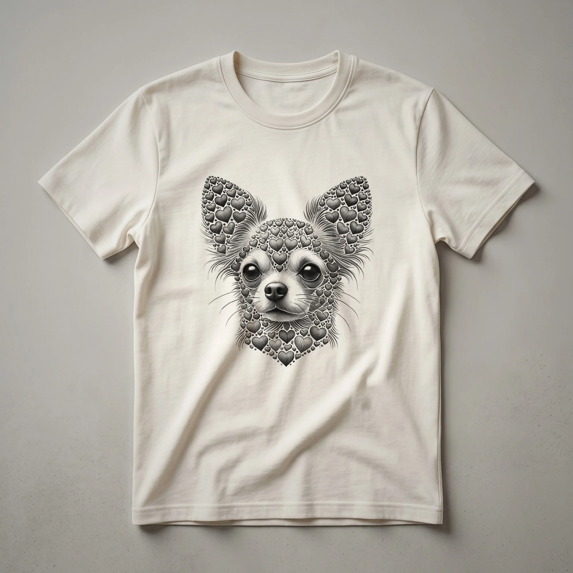 White graphic t-shirt featuring a stylized Chihuahua face surrounded by pink and purple floral elements and red hearts.