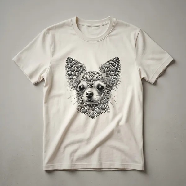 White graphic t-shirt featuring a stylized Chihuahua face surrounded by pink and purple floral elements and red hearts.