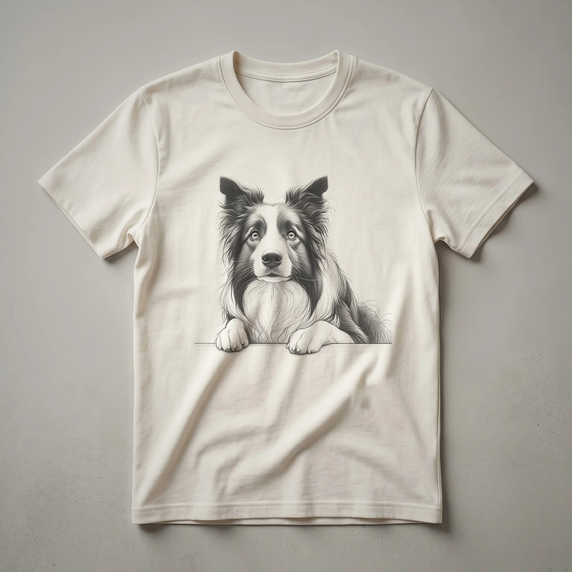 White graphic t-shirt featuring a Border Collie's head peeking from behind a colorful floral arrangement.