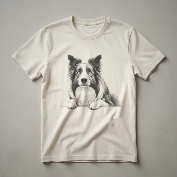 White graphic t-shirt featuring a Border Collie's head peeking from behind a colorful floral arrangement.
