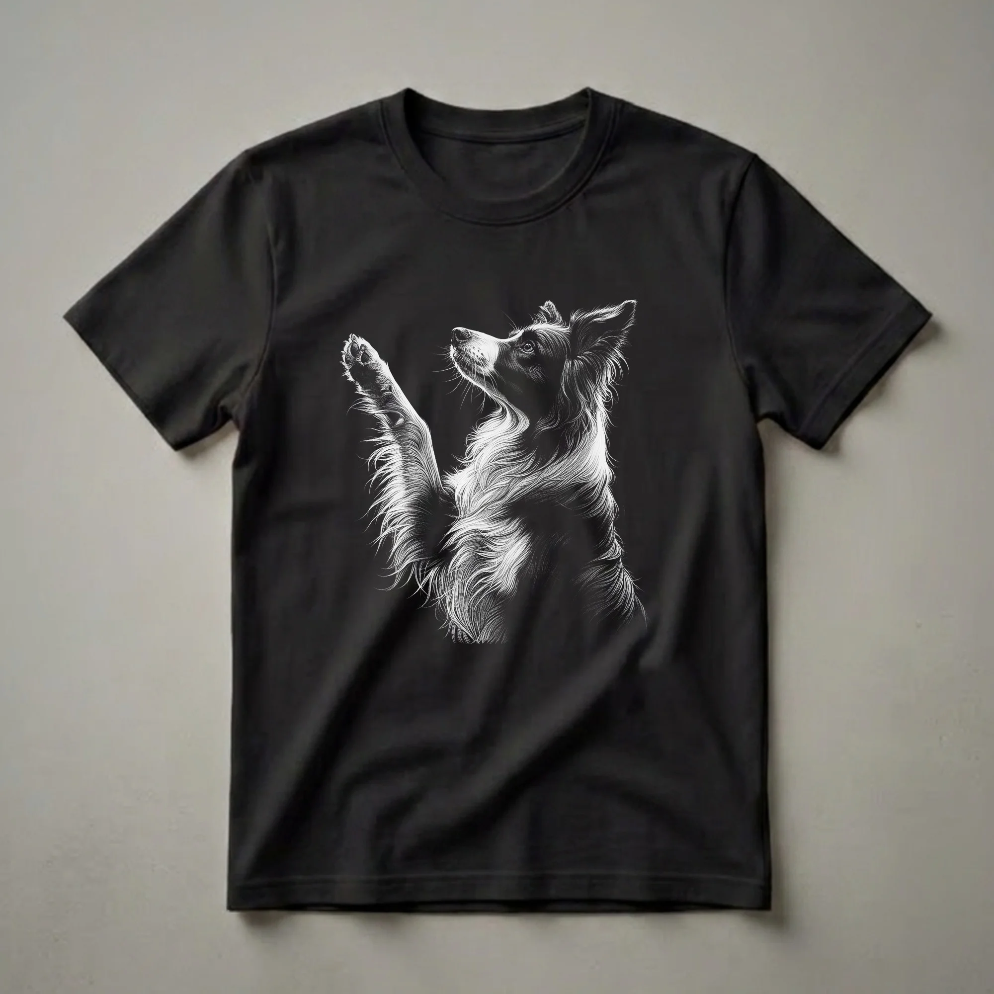 Black and white graphic t-shirt featuring a detailed scratchboard illustration of a Border Collie dog with its paw raised and looking upwards.