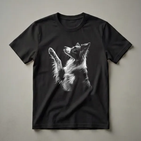 Black and white graphic t-shirt featuring a detailed scratchboard illustration of a Border Collie dog with its paw raised and looking upwards.