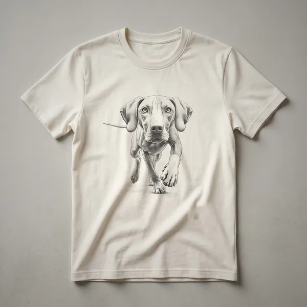 White graphic t-shirt featuring a running Vizsla dog with a stylized trail behind it, symbolizing running and dog ownership.