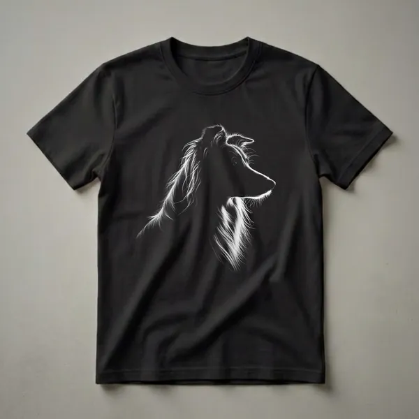 Black and white graphic illustration of a Border Collie's head in profile, featuring luminous highlights on its fur and face, on a black t-shirt.