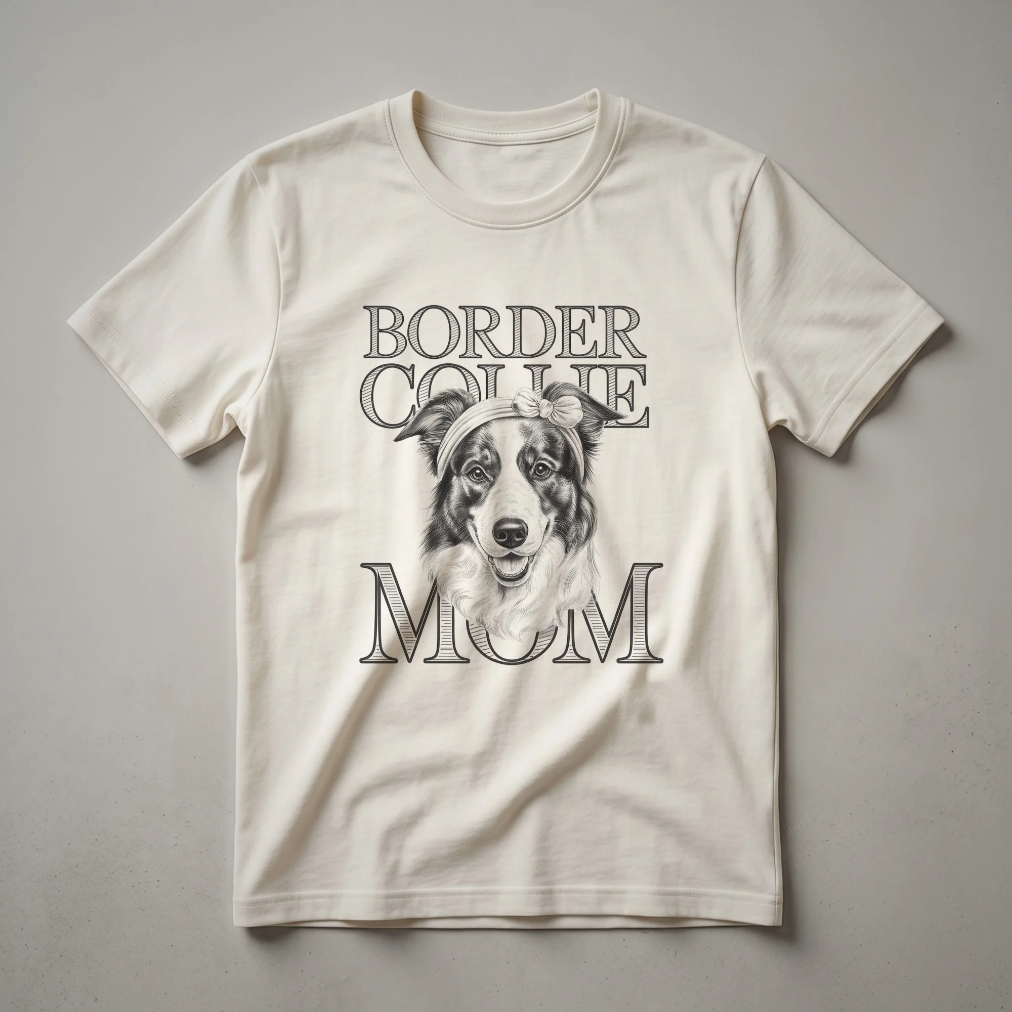 White graphic t-shirt featuring a stylized Border Collie head surrounded by colorful floral elements, with the text 'Border Collie Mom' above.