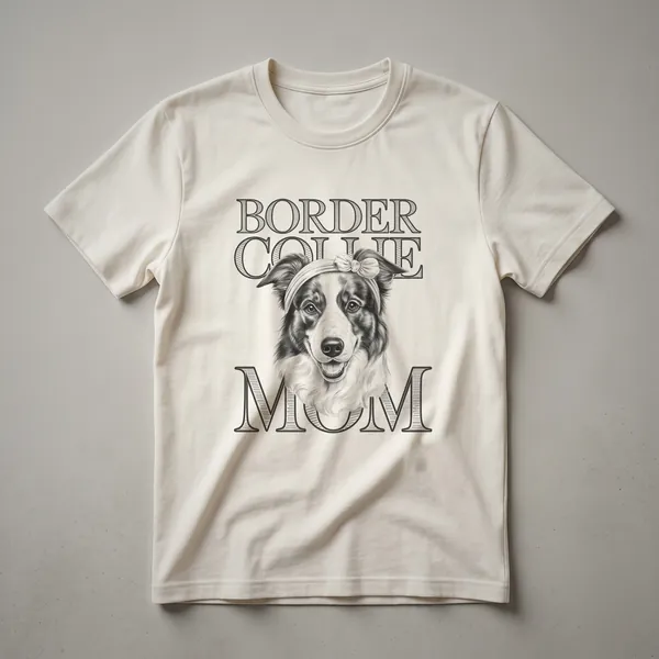 White graphic t-shirt featuring a stylized Border Collie head surrounded by colorful floral elements, with the text 'Border Collie Mom' above.