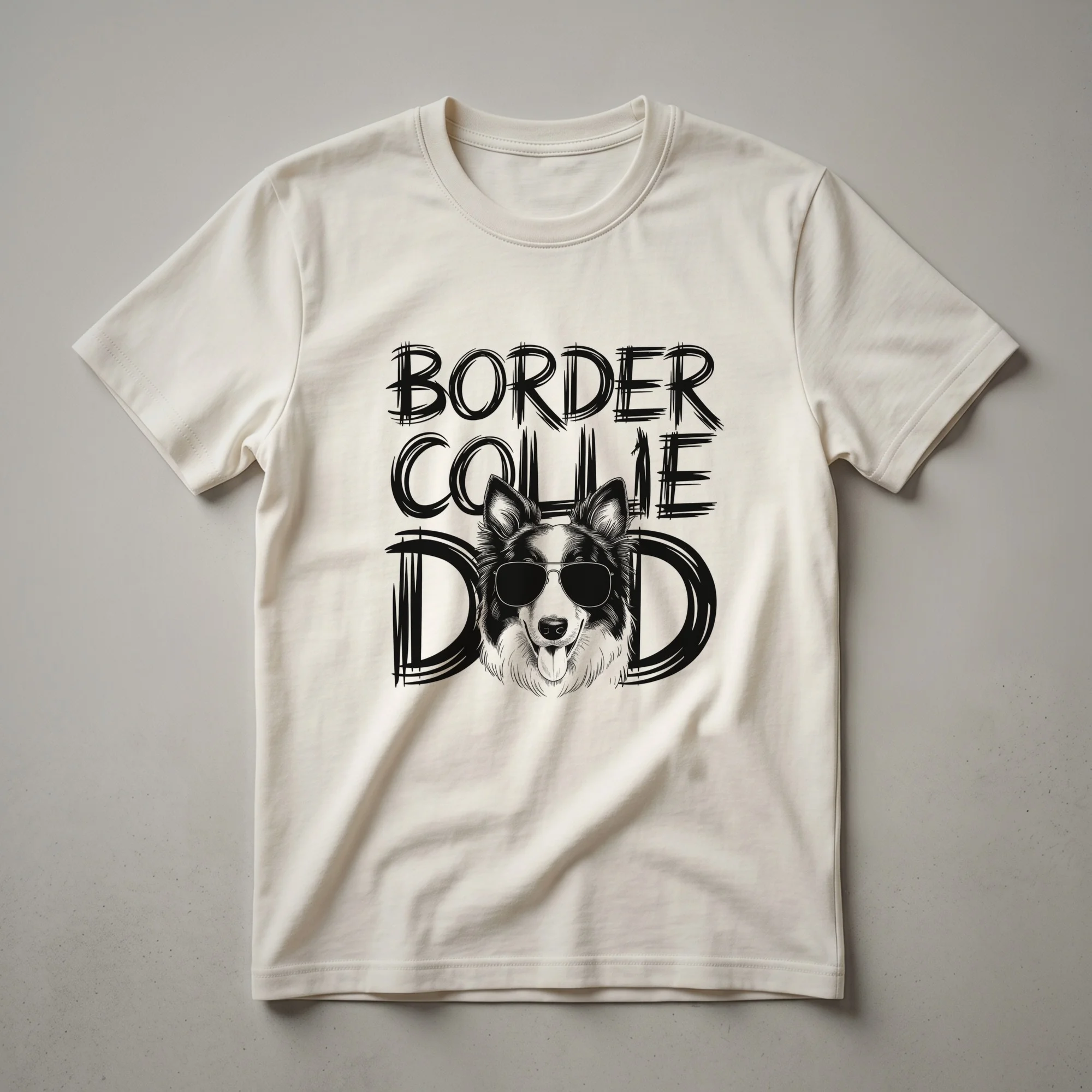 Black t-shirt featuring a graphic of a Border Collie's head surrounded by colorful floral elements, with the text 'Border Collie Dad'.