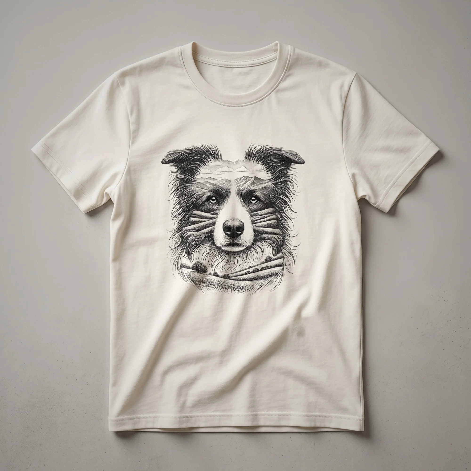 A white and black Border Collie head with colorful flowers and leaves, depicted in a watercolor style on a graphic t-shirt.