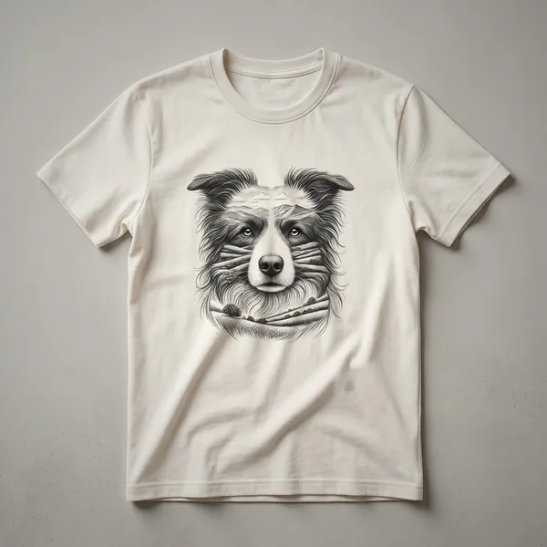 A white and black Border Collie head with colorful flowers and leaves, depicted in a watercolor style on a graphic t-shirt.