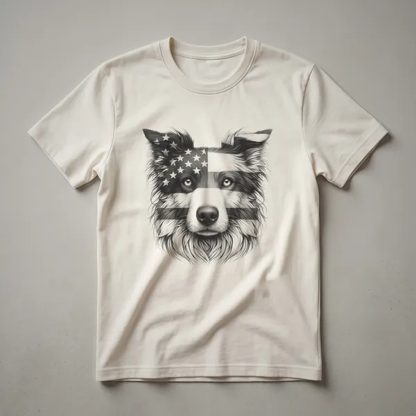 Black t-shirt featuring a graphic of a Border Collie wearing sunglasses with the American flag design in the lenses.