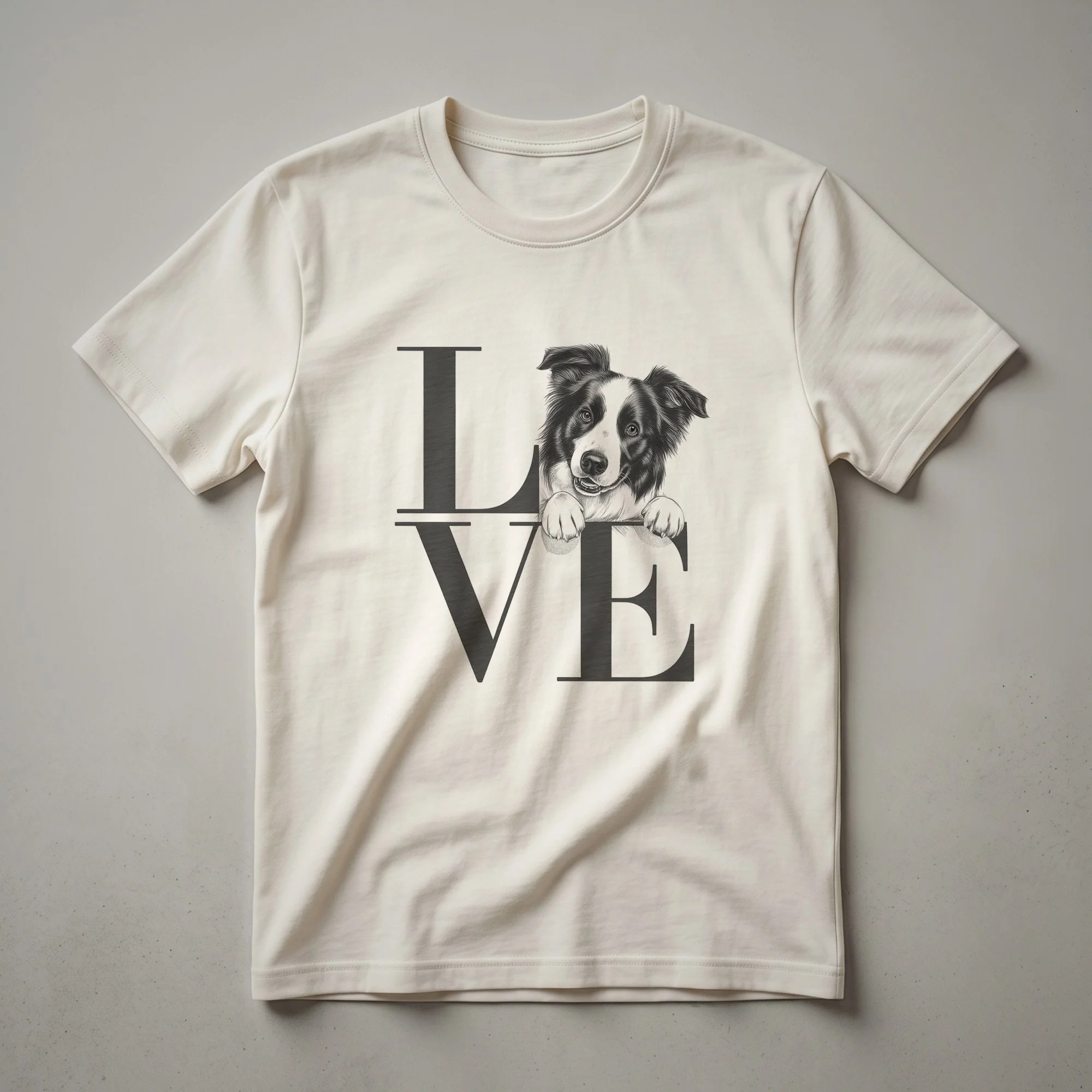 White graphic t-shirt with a black and white Border Collie head illustration surrounded by colorful flowers and leaves.