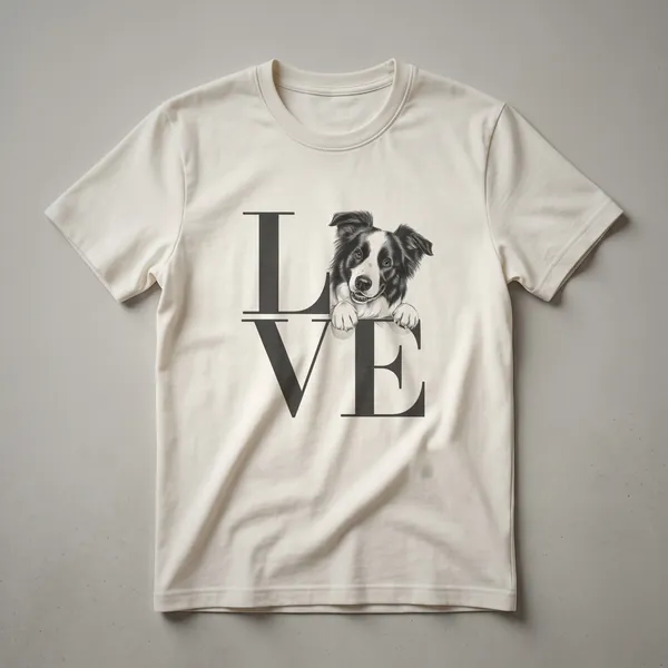 White graphic t-shirt with a black and white Border Collie head illustration surrounded by colorful flowers and leaves.