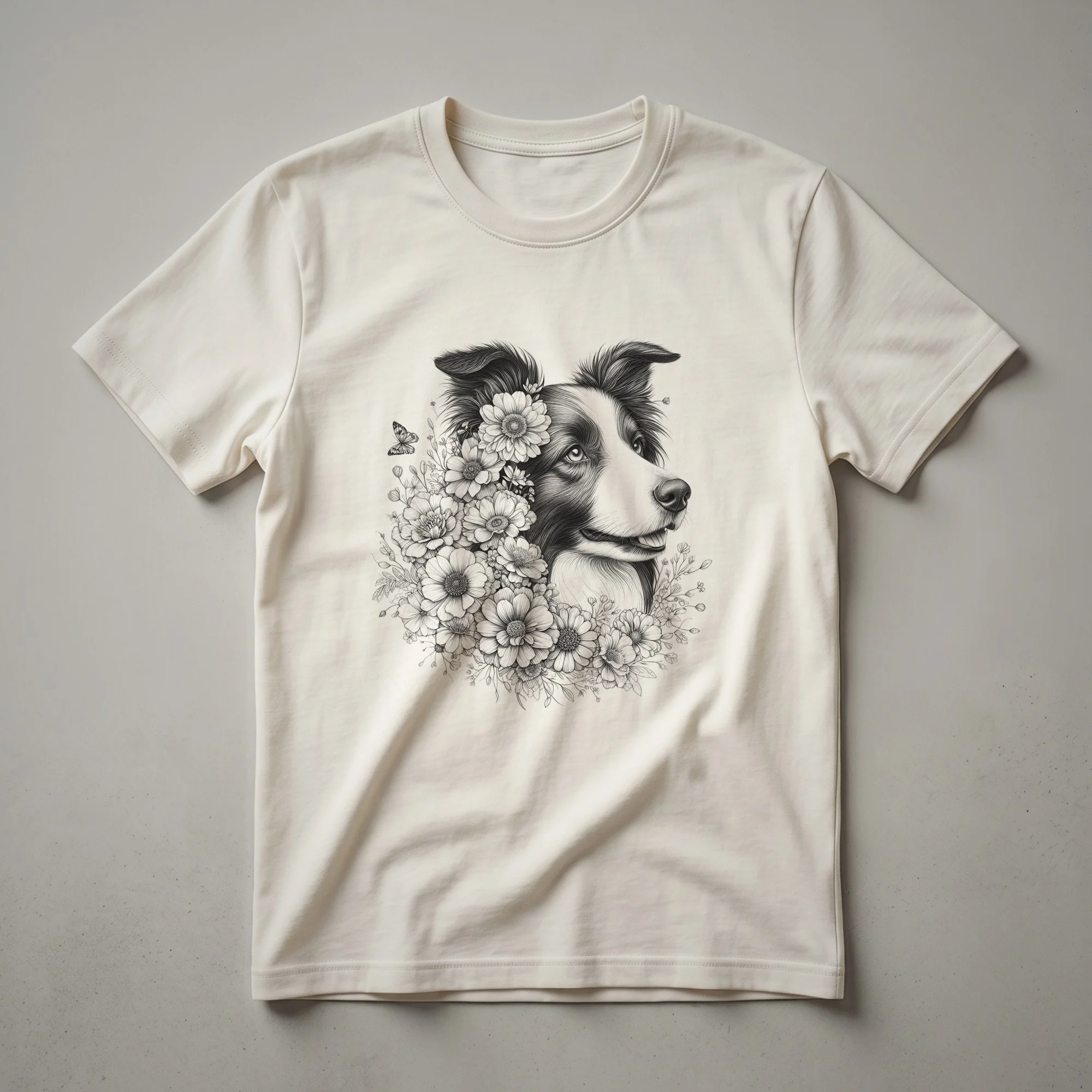White graphic t-shirt featuring a black and white Border Collie head surrounded by a colorful floral border.