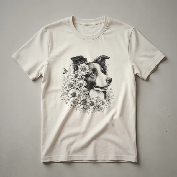 White graphic t-shirt featuring a black and white Border Collie head surrounded by a colorful floral border.