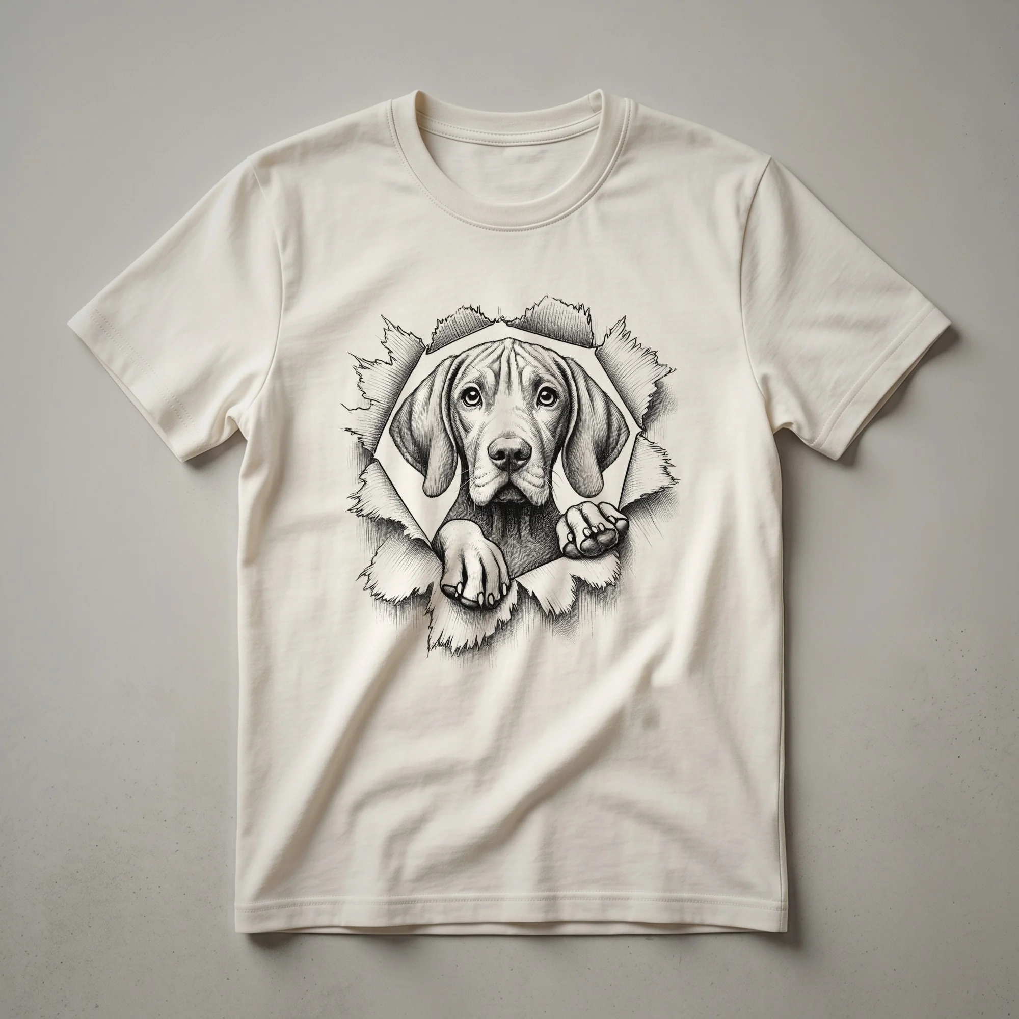 White t-shirt with a Vizsla dog's head peeking from behind a colorful floral arrangement, showing its distinctive ears and muzzle.