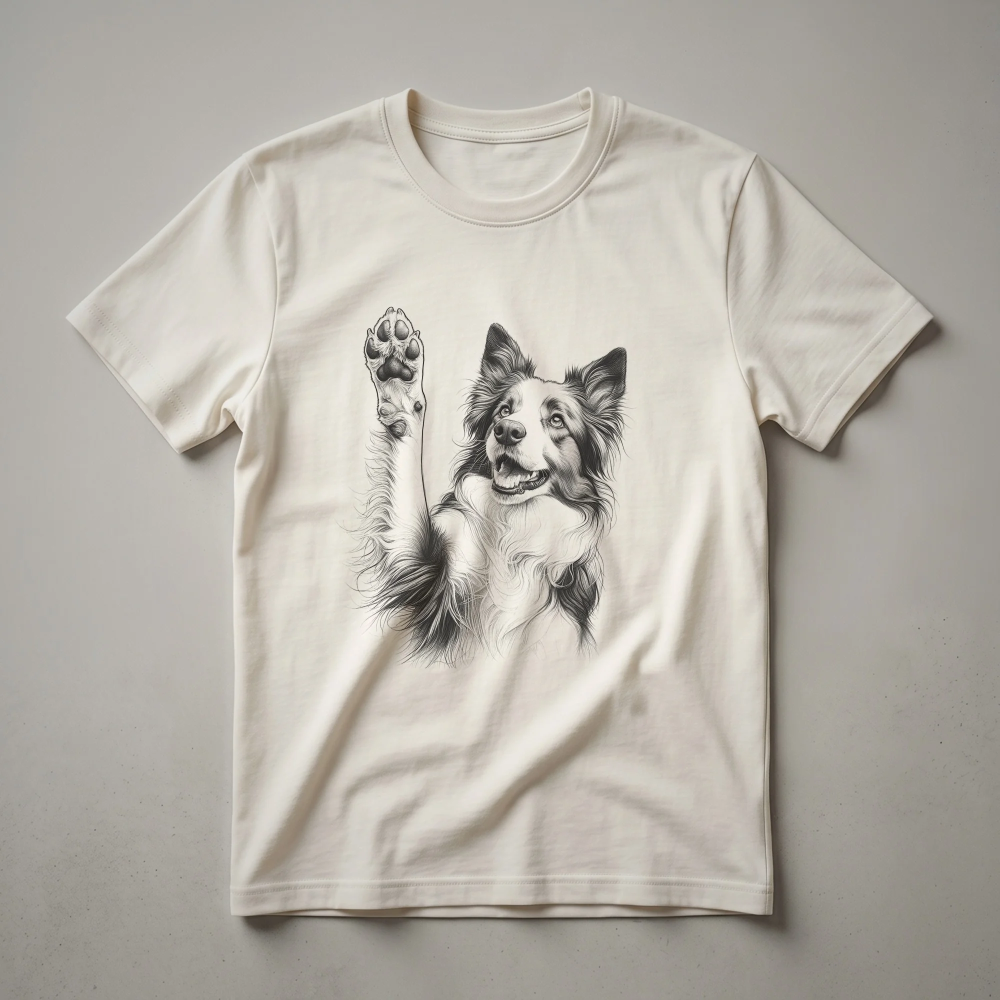 A graphic of a Border Collie's paw print with floral accents on a white t-shirt.