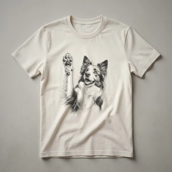 A graphic of a Border Collie's paw print with floral accents on a white t-shirt.