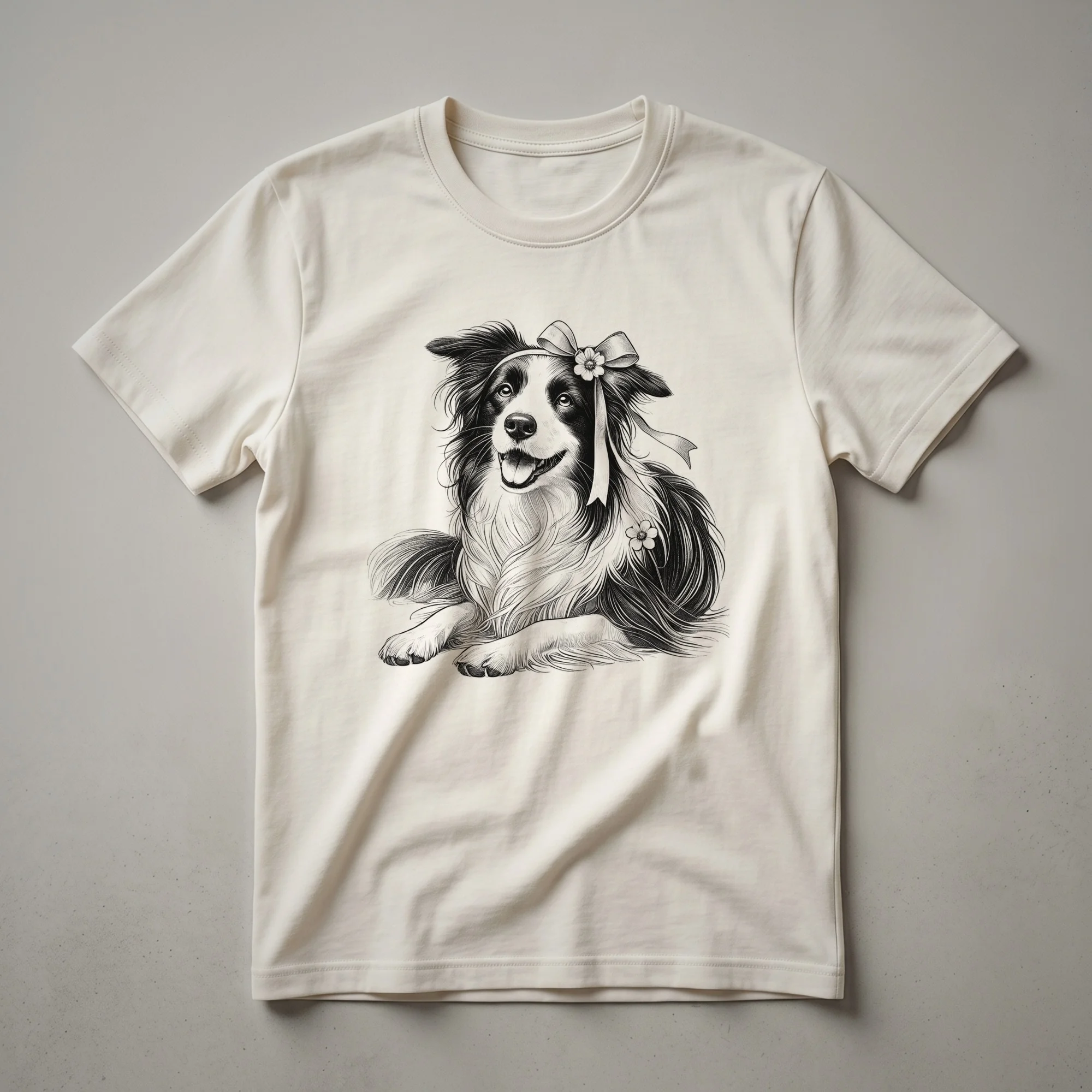 White graphic t-shirt featuring a Border Collie dog's face with floral elements, designed for dog moms.