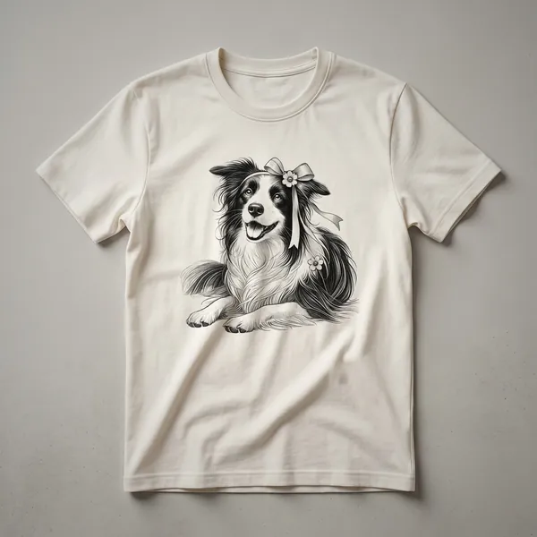 White graphic t-shirt featuring a Border Collie dog's face with floral elements, designed for dog moms.