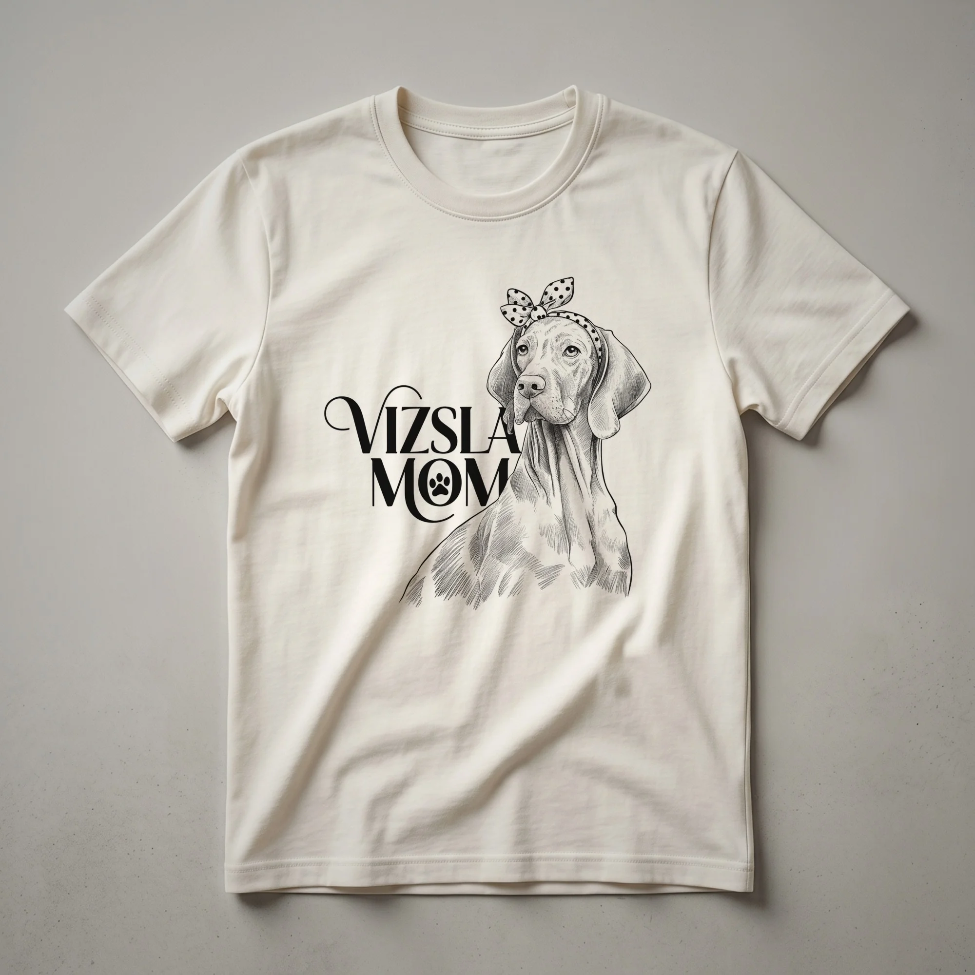 White graphic t-shirt featuring a Vizsla dog's head with floral elements in pink and green, designed for Vizsla moms.