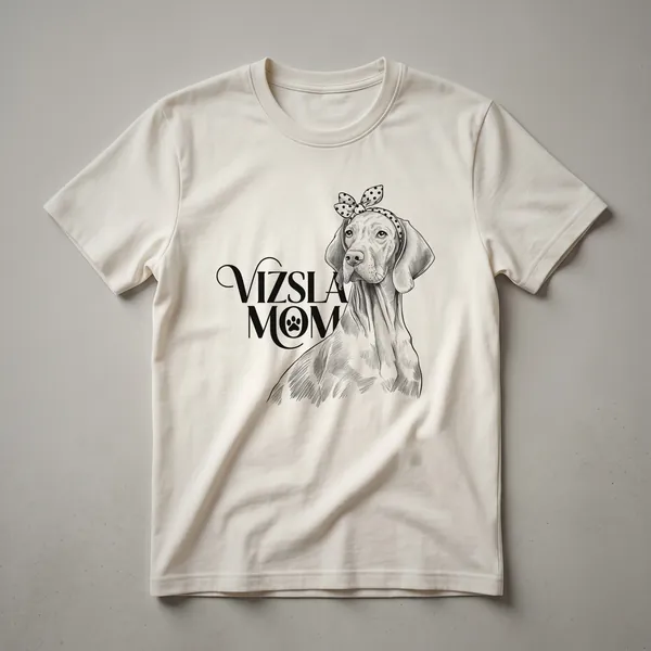 White graphic t-shirt featuring a Vizsla dog's head with floral elements in pink and green, designed for Vizsla moms.