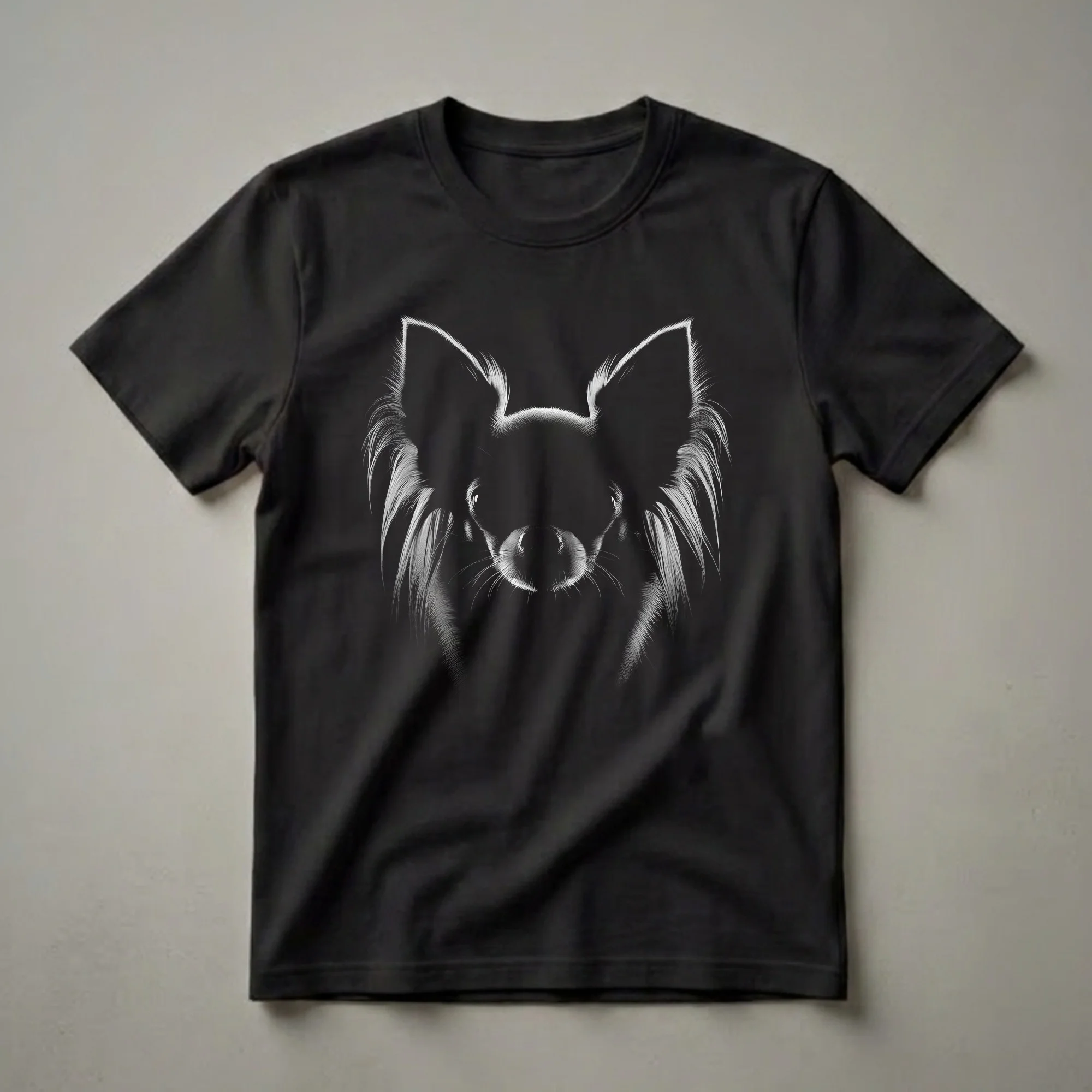 Black and white graphic t-shirt featuring the artistic face of a long-haired Chihuahua with large ears and expressive eyes against a black background.