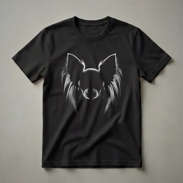 Black and white graphic t-shirt featuring the artistic face of a long-haired Chihuahua with large ears and expressive eyes against a black background.