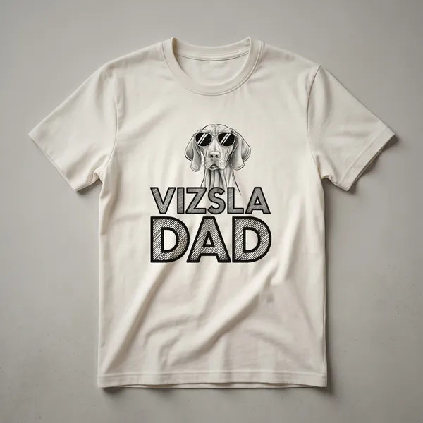 A graphic t-shirt featuring a Vizsla dog's head surrounded by floral elements, designed for Vizsla dads.