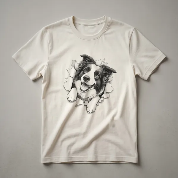 Black t-shirt with a graphic design of a Border Collie's head peeking over a colorful floral border.